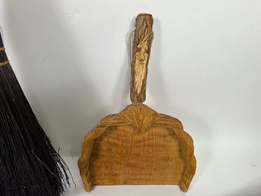 Vintage Carved Tree Limb Broom 36L And Dust Pan Plus Vintage Tree Limb Broom 31L [Photo 5]
