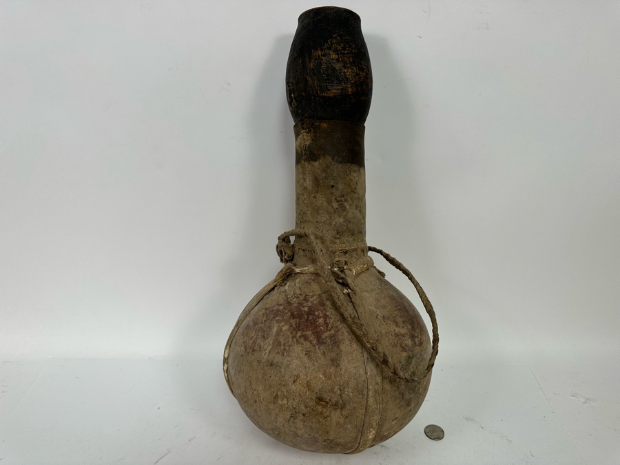 Old African Leather Gourd Canteen Water Milk Jug Container With Stopper 9W [Photo 3]