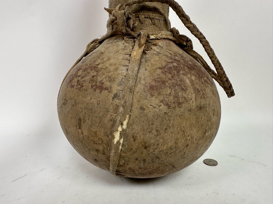 Old African Leather Gourd Canteen Water Milk Jug Container With Stopper 9W [Photo 8]