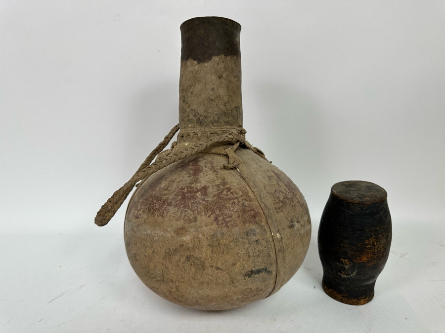 Old African Leather Gourd Canteen Water Milk Jug Container With Stopper 9W [Photo 13]