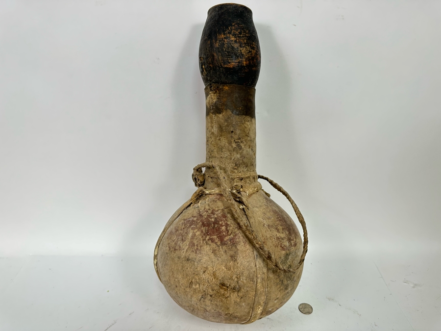 Old African Leather Gourd Canteen Water Milk Jug Container With Stopper 9W [Photo 2]