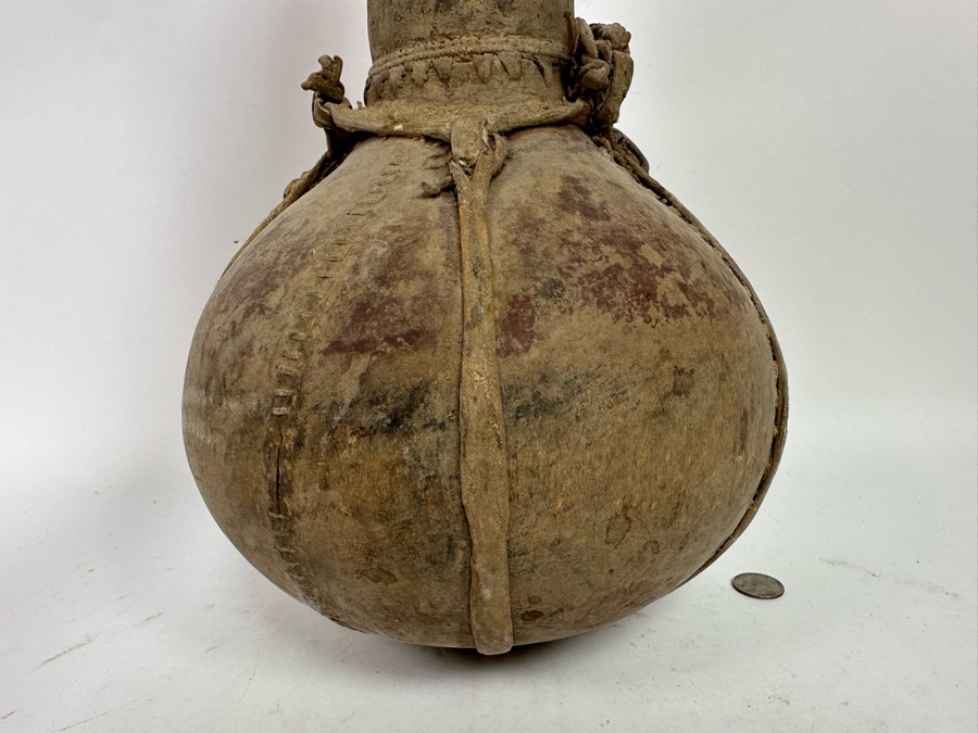 Old African Leather Gourd Canteen Water Milk Jug Container With Stopper 9W [Photo 9]