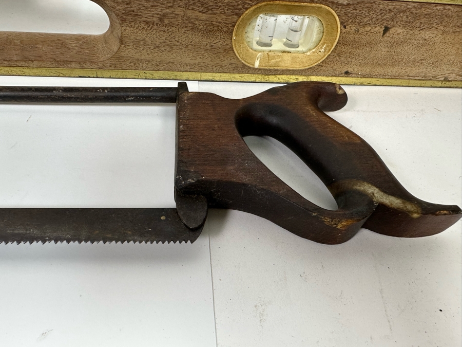 Pair Of Vintage Wooden Levels 48L And 18L, Wood Planer, Saw And Vintage Ratchet Screwdriver [Photo 8]