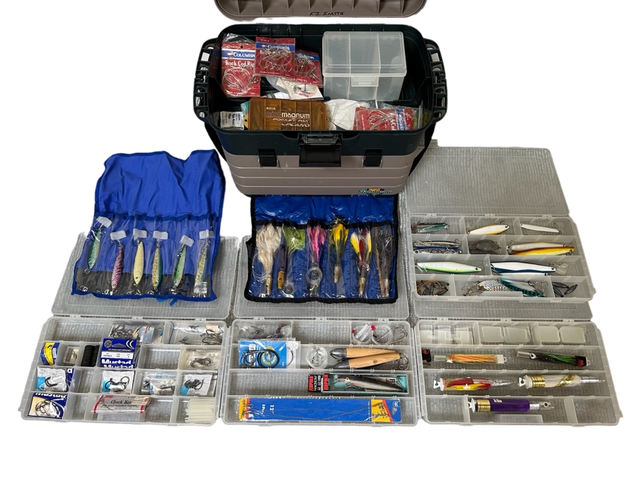 Large Collection Of Salt Water Fishing Tackle Including Big Game Fish Lures, Hooks, Swivels And Flambeau Tackle Box - See Photos
