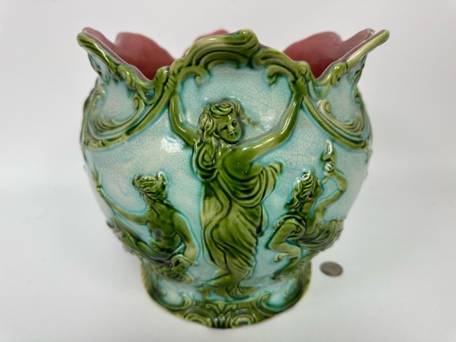 Vintage Jardiniere Glazed Majolica Pottery 10W X 9H [Photo 2]