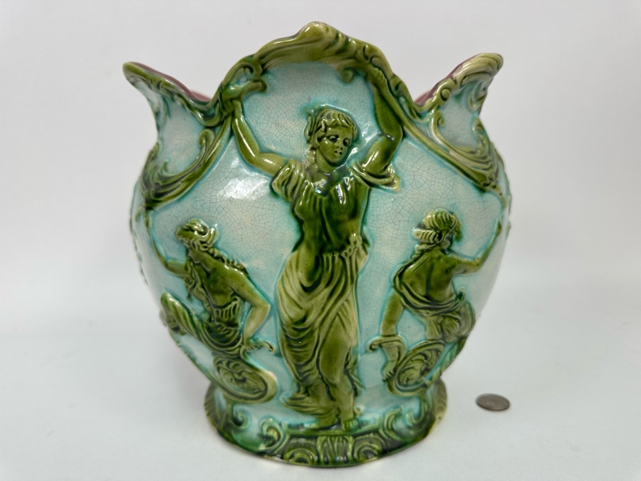 Vintage Jardiniere Glazed Majolica Pottery 10W X 9H [Photo 6]