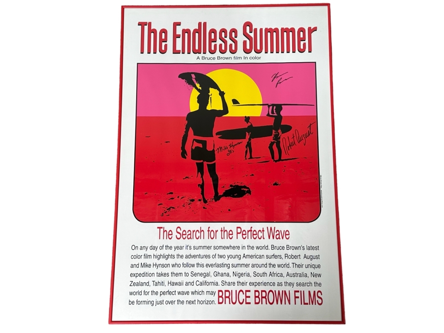 Autographed The Endless Summer Reprint Movie Poster Signed By Bruce Brown, Robert August And Mike Hynson 27 X 40