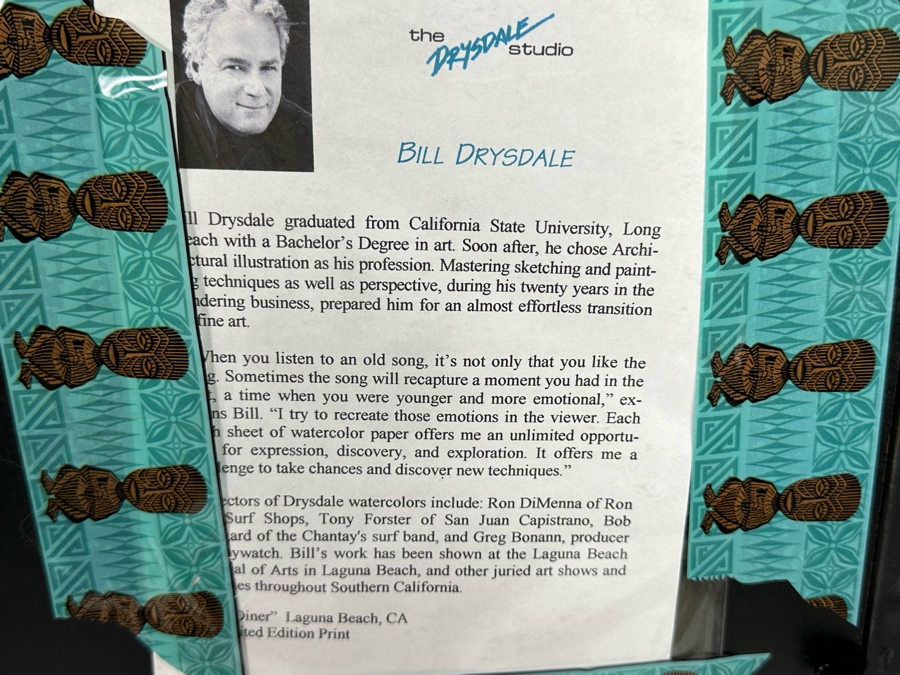 Bill Drysdale Signed Limited Edition Diner In Laguna Beach, CA With Woodie Print 14 X 11 Framed 24 X 20 [Photo 14]