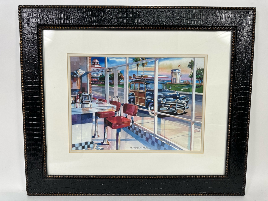 Bill Drysdale Signed Limited Edition Diner In Laguna Beach, CA With Woodie Print 14 X 11 Framed 24 X 20 [Photo 3]