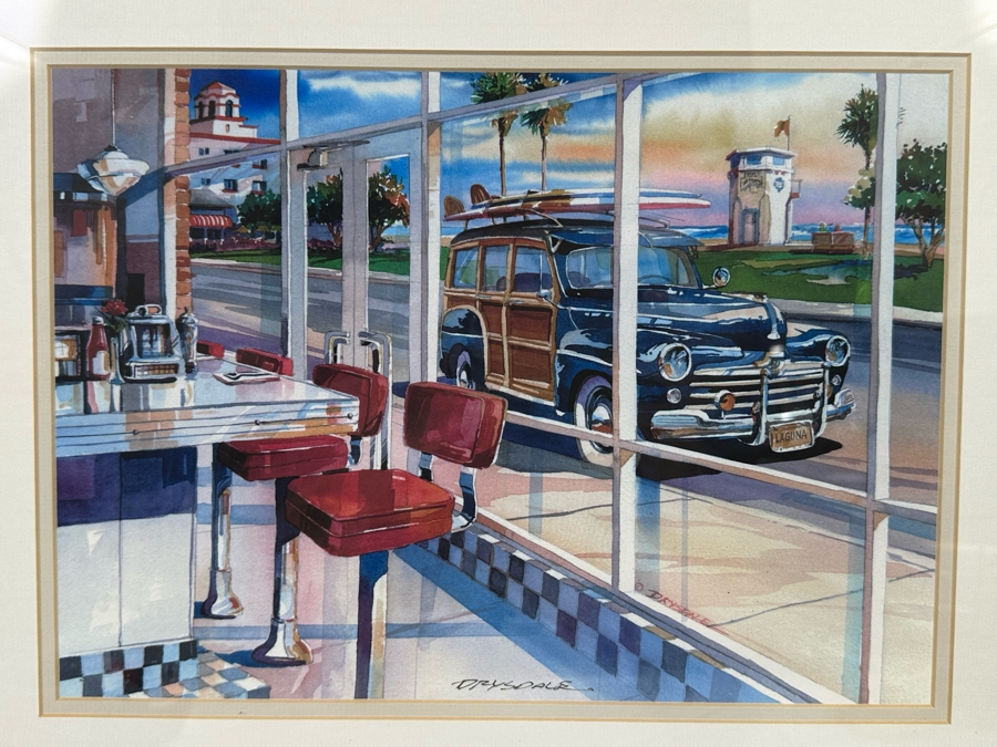 Bill Drysdale Signed Limited Edition Diner In Laguna Beach, CA With Woodie Print 14 X 11 Framed 24 X 20