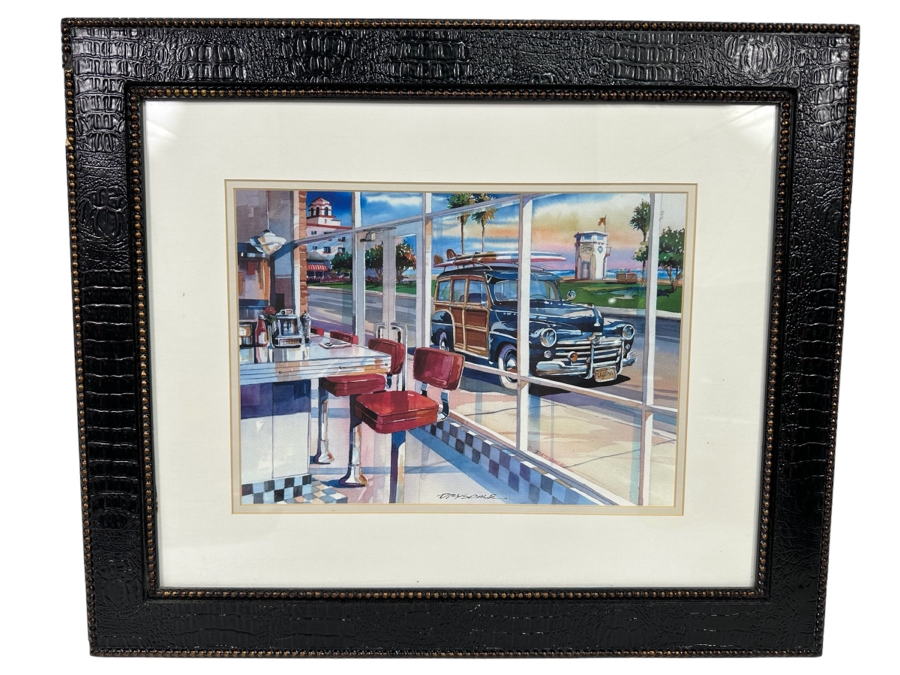 Bill Drysdale Signed Limited Edition Diner In Laguna Beach, CA With Woodie Print 14 X 11 Framed 24 X 20 [Photo 2]