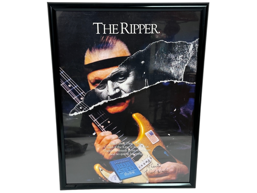 Autographed Dick Dale The Ripper Surf Guitar Advertising Poster For Dean Markley Blue Steel Guitar Strings Framed 19 X 25