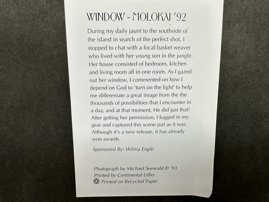 Michael Seewald Signed Photograph Window - Molokai Hawaii 1993 13.5 X 10 Framed 22 X 18 [Photo 17]