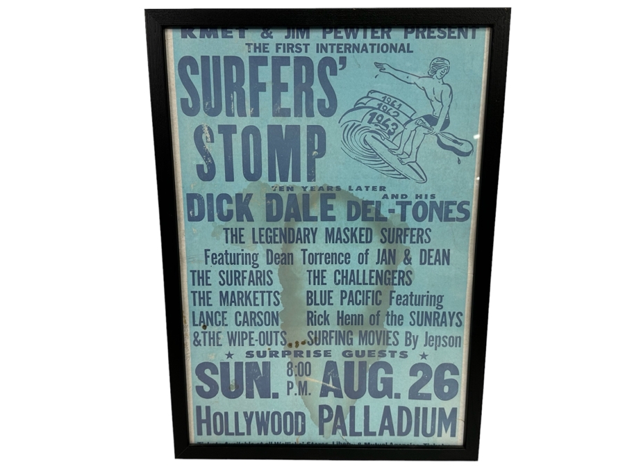 Original 1973 The First International Surfers' Stomp Dick Dale, Ten Years Later, The Surfaris, The Challengers Plus Surf Movies At The Hollywood Palladium Framed 15 X 21