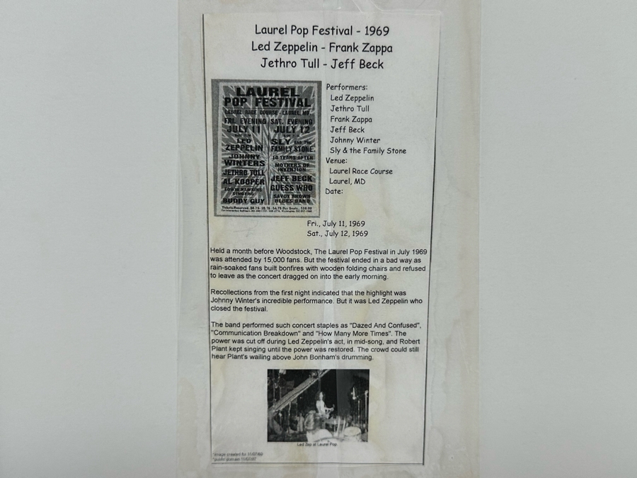 1969 Laurel Pop Festival Concert Poster Led Zeppelin, Johnny Winters, Jethro Tull, Buddy Guy, Sly And The Family Stone, 10 Years After, Jeff Beck, Guess Who Framed 12 X 18 [Photo 9]