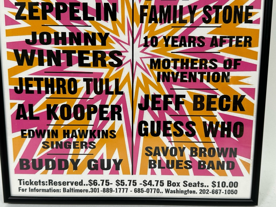 1969 Laurel Pop Festival Concert Poster Led Zeppelin, Johnny Winters, Jethro Tull, Buddy Guy, Sly And The Family Stone, 10 Years After, Jeff Beck, Guess Who Framed 12 X 18 [Photo 5]