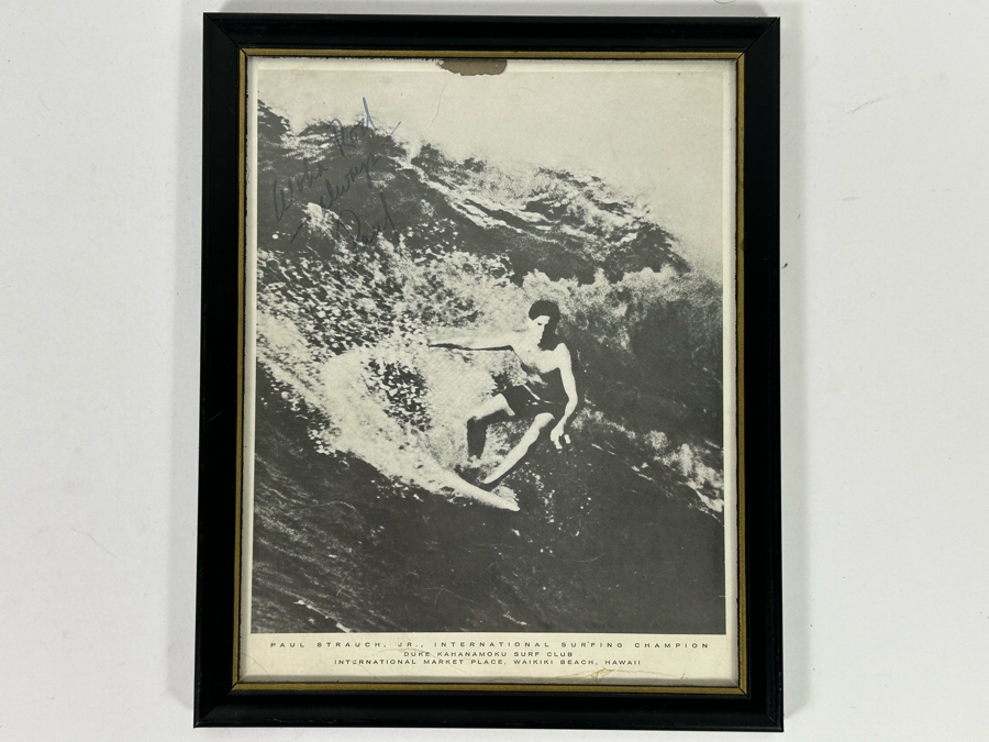 Autographed B&W Poster Of Paul Strauch, Jr. International Surfing Champion Duke Kahanamoku Surf Club International Market Place, Waikiki Beach, Hawaii Framed 9 X 11 [Photo 3]