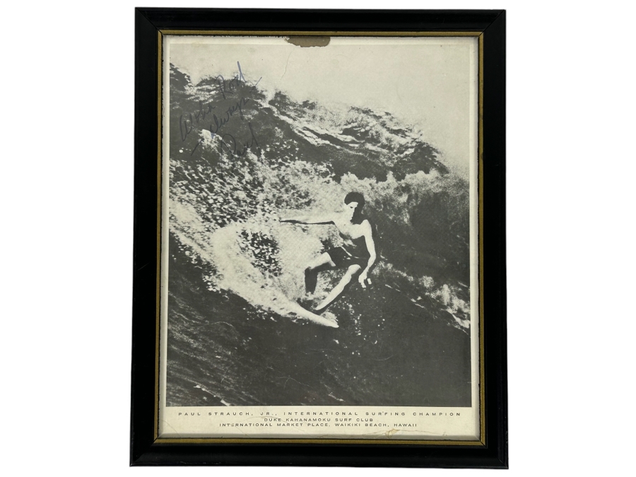 Autographed B&W Poster Of Paul Strauch, Jr. International Surfing Champion Duke Kahanamoku Surf Club International Market Place, Waikiki Beach, Hawaii Framed 9 X 11 [Photo 1]