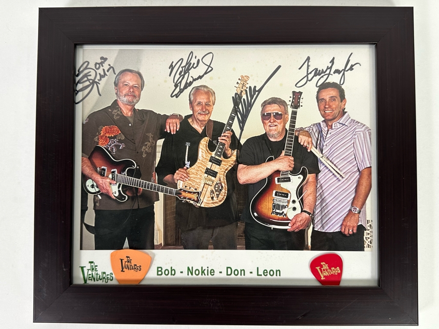Autographed Color Photograph Of The Surf Music Band The Ventures With Several The Ventures Guitar Picks Framed 12 X 10 [Photo 2]