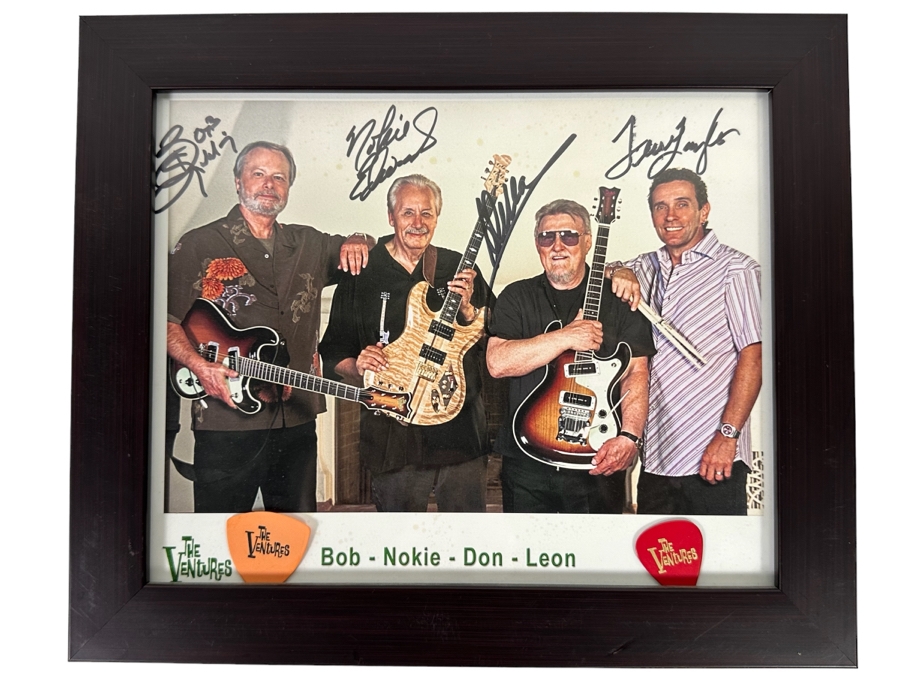 Autographed Color Photograph Of The Surf Music Band The Ventures With Several The Ventures Guitar Picks Framed 12 X 10 [Photo 1]
