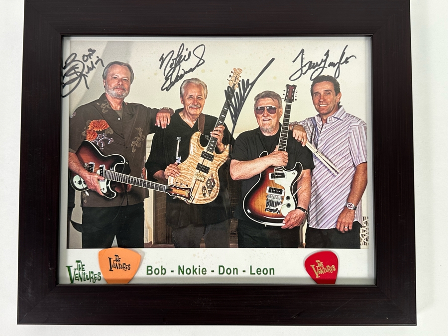 Autographed Color Photograph Of The Surf Music Band The Ventures With Several The Ventures Guitar Picks Framed 12 X 10 [Photo 3]