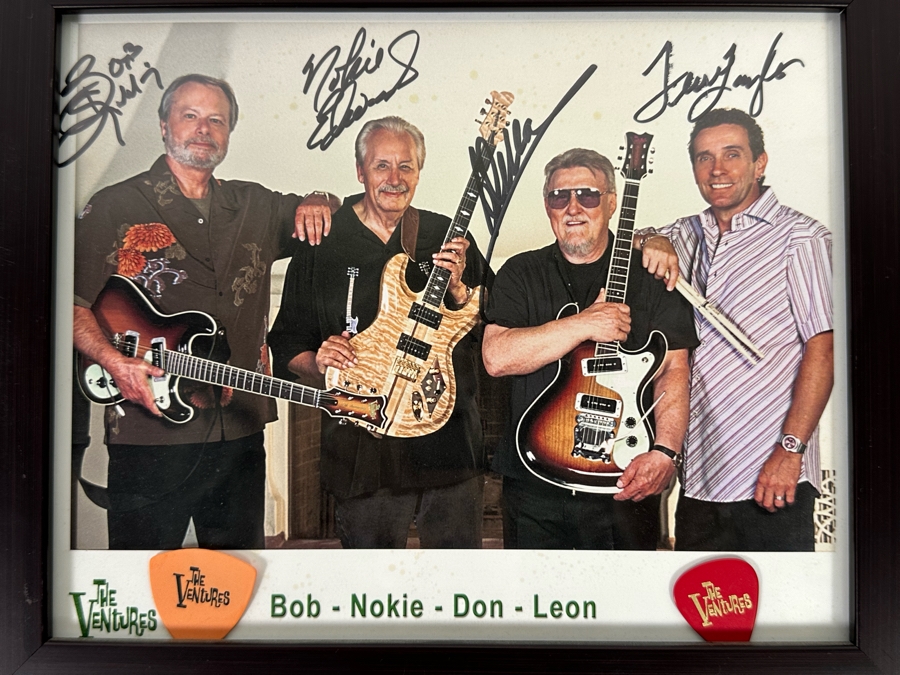 Autographed Color Photograph Of The Surf Music Band The Ventures With Several The Ventures Guitar Picks Framed 12 X 10 [Photo 4]