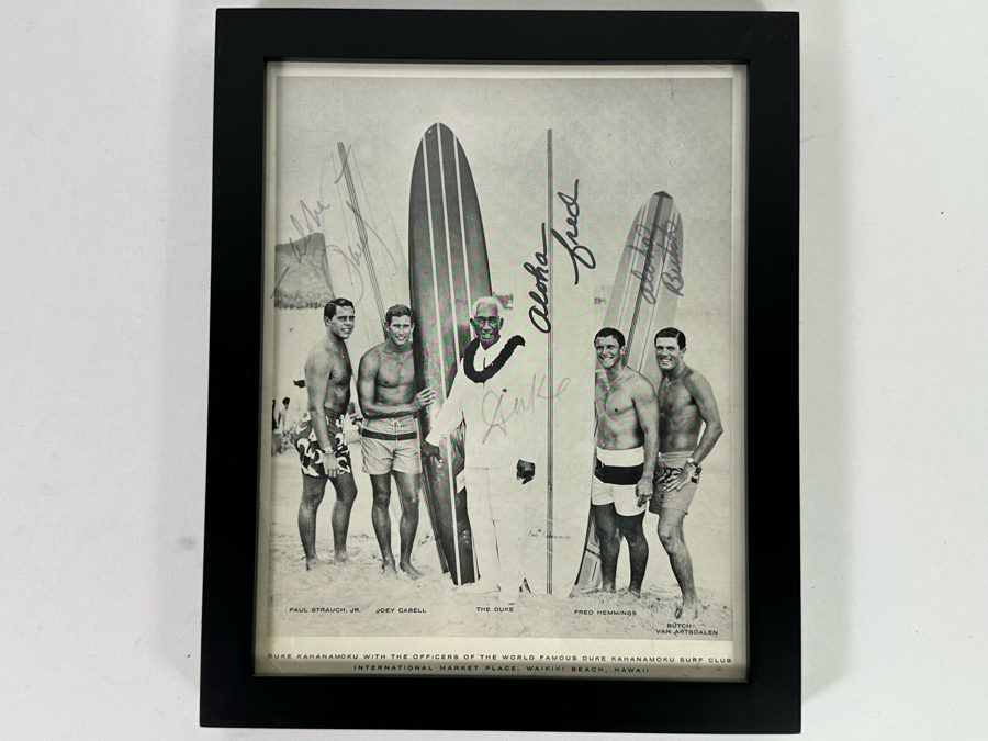 Rare Autographed B&W Poster Of Duke Kahanamoku With The Officers Of The World Famous Duke Kahanamoku Surf Club: Autographed By Duke Kahanamoku, Butch Van Artsdalen, Fred Hemmings And Paul Strauch, Jr. Framed 9 X 11 [Photo 2]