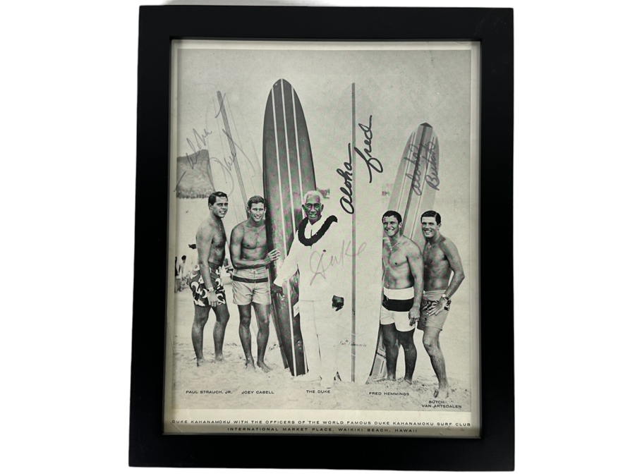 Rare Autographed B&W Poster Of Duke Kahanamoku With The Officers Of The World Famous Duke Kahanamoku Surf Club: Autographed By Duke Kahanamoku, Butch Van Artsdalen, Fred Hemmings And Paul Strauch, Jr. Framed 9 X 11