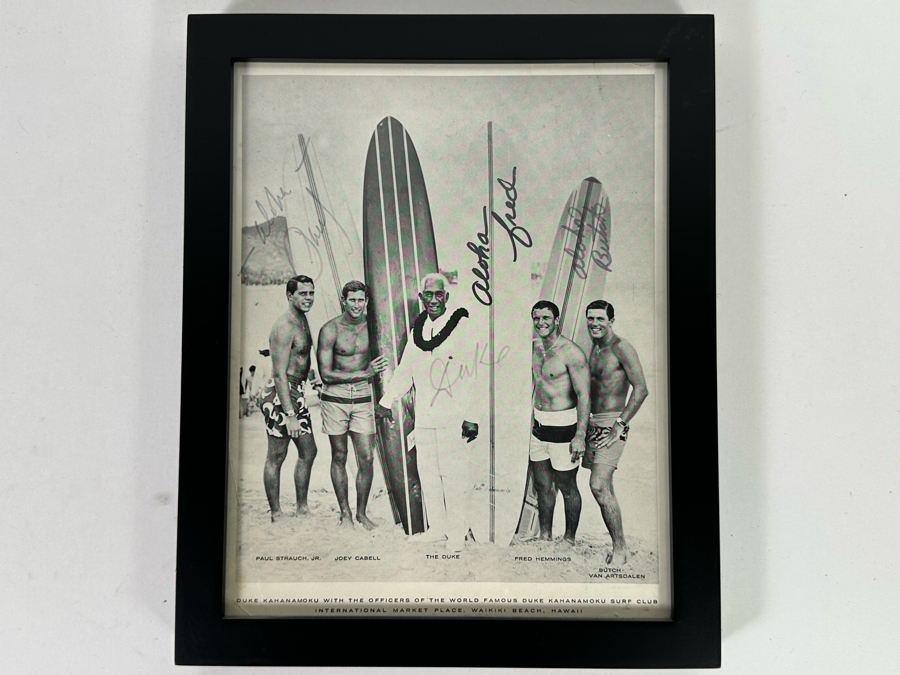 Rare Autographed B&W Poster Of Duke Kahanamoku With The Officers Of The World Famous Duke Kahanamoku Surf Club: Autographed By Duke Kahanamoku, Butch Van Artsdalen, Fred Hemmings And Paul Strauch, Jr. Framed 9 X 11 [Photo 3]