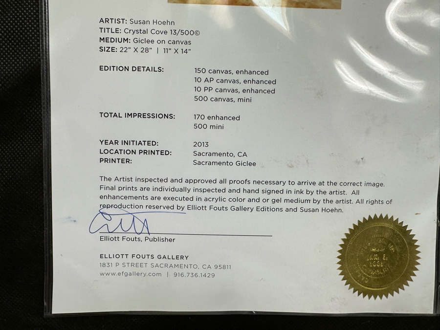 Susan Hoehn Signed Limited Edition Giclee On Canvas Titled Crystal Cove 11 X 14 Framed [Photo 10]