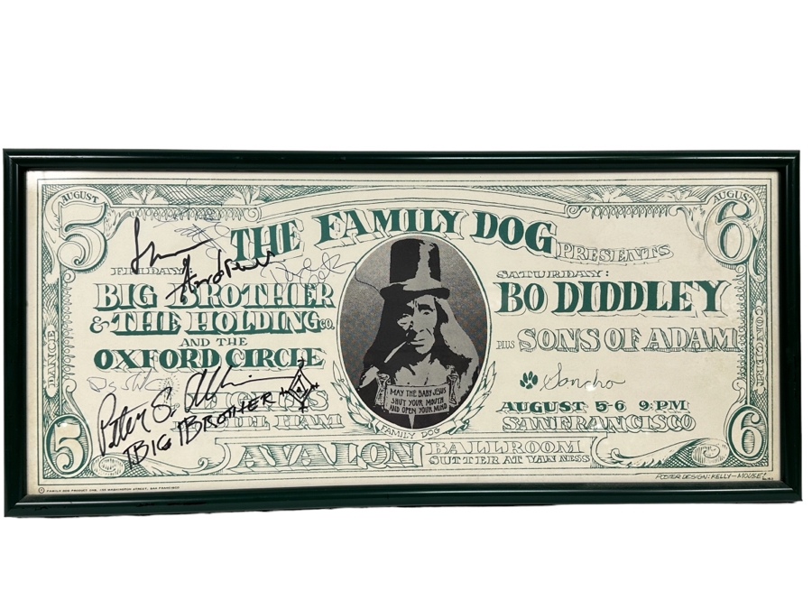 Autographed Big Brothers & The Holding Co With Janis Joplin, Oxford Circle, Bo Diddley And Sons Of Adam 1966 Concert Poster Artist Stanley Mouse / Alton Kelley Avalon Ballroom Family Dog FD-19-2 Framed 24.5 X 11 [Photo 1]