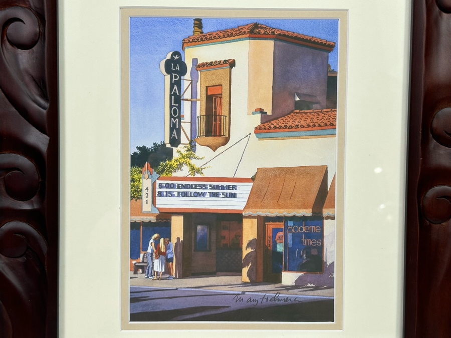 Mary Helmreich Watercolor Painting Of The La Paloma Movie Theater Endless Summer Movie In Encinitas, CA 6.5 X 9 Framed 15.5 X 16.5