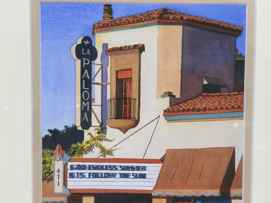 Mary Helmreich Watercolor Painting Of The La Paloma Movie Theater Endless Summer Movie In Encinitas, CA 6.5 X 9 Framed 15.5 X 16.5 [Photo 3]