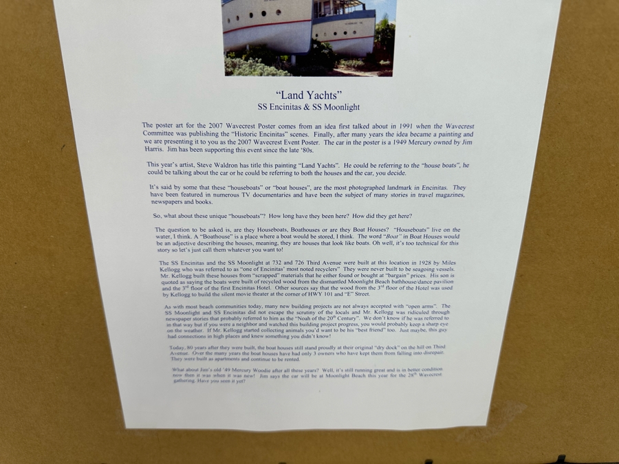 Signed Steve Waldron 'Land Yachts' SS Encinitas & SS Moonlight Wavecrest 28th Annual Woodie Meet Moonlight Beach, Encinitas CA 2007 Framed 21.5 X 27.5 [Photo 15]