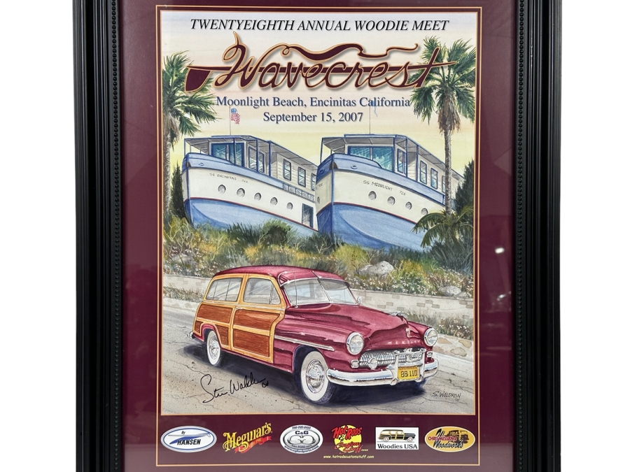Signed Steve Waldron 'Land Yachts' SS Encinitas & SS Moonlight Wavecrest 28th Annual Woodie Meet Moonlight Beach, Encinitas CA 2007 Framed 21.5 X 27.5