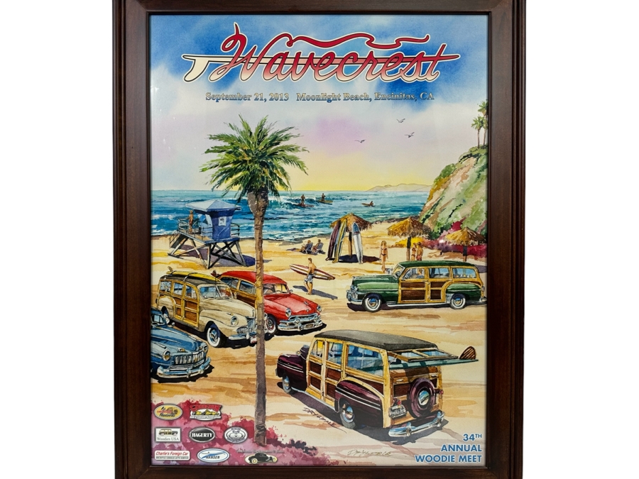 Signed Bill Drysdale Wavecrest 34th Annual Woodie Meet Moonlight Beach, Encinitas CA 2013 Framed 21.5 X 27.5