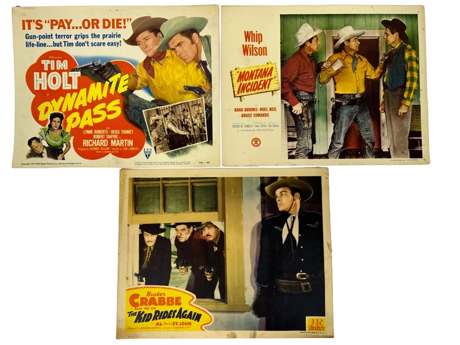 Three Vintage Western Movie Lobby Cards: Dynamite Pass, The Kid Rides Again And Montana Incident 14 X 11 [Photo 1]