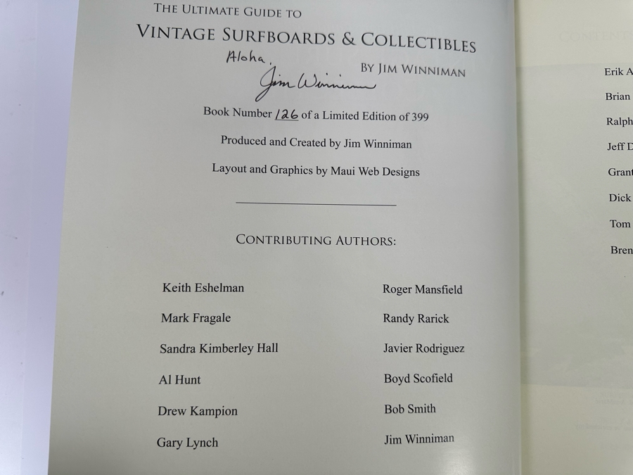 Autographed Limited Edition Hardcover Book With Sleeve 'The Ultimate Guide To Vintage Surfboards & Collectibles' Signed By Jim Winniman Numbered 126 Of 399 [Photo 4]