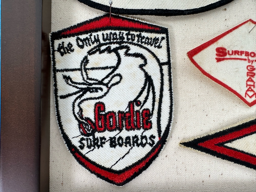 Collection Of Vintage Surf Patches: Greg Noll Surf Boards, Gordie Surf Boards, Surf Boards By Jacobs, Wardy Surfboards, Surfboards By Graham, Nectar In Pottery Barn Shadowbox Frame Plus Graphic Surf Book [Photo 12]