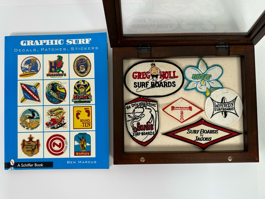 Collection Of Vintage Surf Patches: Greg Noll Surf Boards, Gordie Surf Boards, Surf Boards By Jacobs, Wardy Surfboards, Surfboards By Graham, Nectar In Pottery Barn Shadowbox Frame Plus Graphic Surf Book [Photo 4]