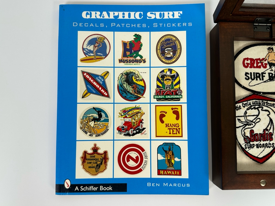 Collection Of Vintage Surf Patches: Greg Noll Surf Boards, Gordie Surf Boards, Surf Boards By Jacobs, Wardy Surfboards, Surfboards By Graham, Nectar In Pottery Barn Shadowbox Frame Plus Graphic Surf Book [Photo 13]