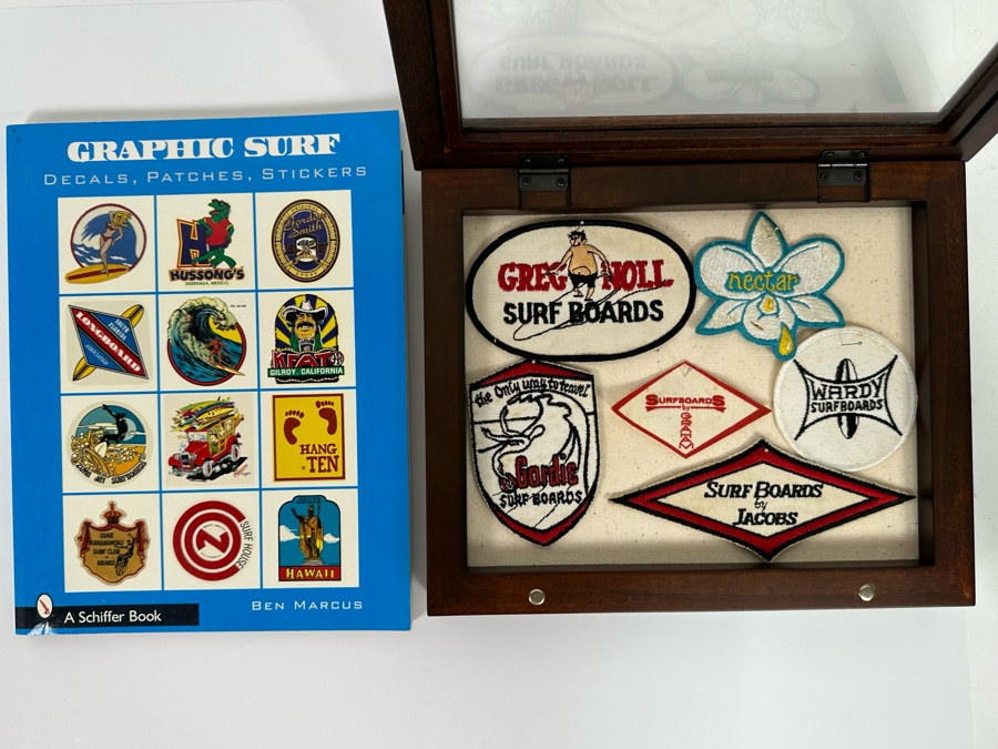 Collection Of Vintage Surf Patches: Greg Noll Surf Boards, Gordie Surf Boards, Surf Boards By Jacobs, Wardy Surfboards, Surfboards By Graham, Nectar In Pottery Barn Shadowbox Frame Plus Graphic Surf Book [Photo 3]