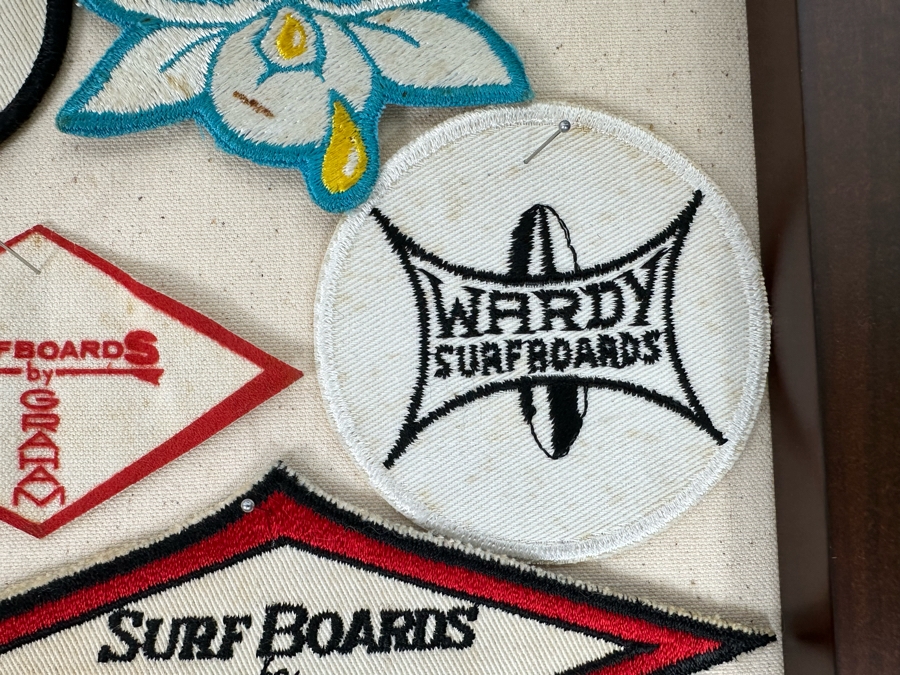 Collection Of Vintage Surf Patches: Greg Noll Surf Boards, Gordie Surf Boards, Surf Boards By Jacobs, Wardy Surfboards, Surfboards By Graham, Nectar In Pottery Barn Shadowbox Frame Plus Graphic Surf Book [Photo 9]
