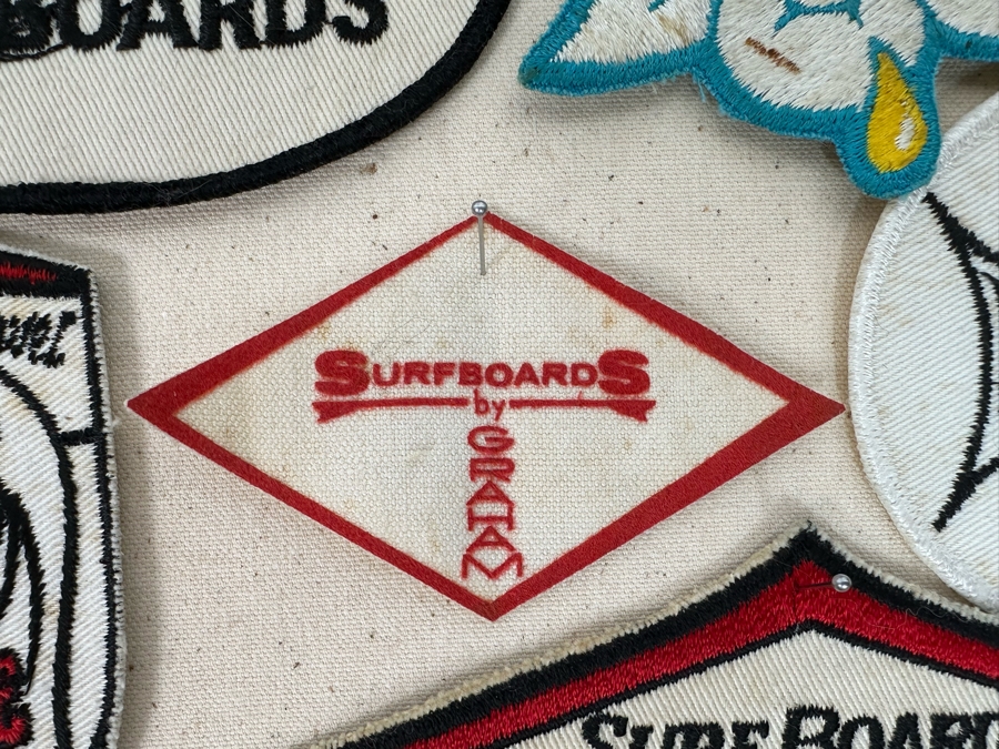 Collection Of Vintage Surf Patches: Greg Noll Surf Boards, Gordie Surf Boards, Surf Boards By Jacobs, Wardy Surfboards, Surfboards By Graham, Nectar In Pottery Barn Shadowbox Frame Plus Graphic Surf Book [Photo 11]