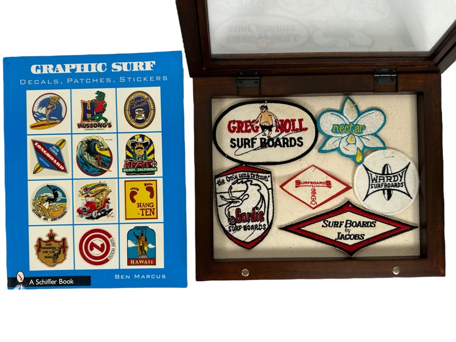 Collection Of Vintage Surf Patches: Greg Noll Surf Boards, Gordie Surf Boards, Surf Boards By Jacobs, Wardy Surfboards, Surfboards By Graham, Nectar In Pottery Barn Shadowbox Frame Plus Graphic Surf Book [Photo 2]