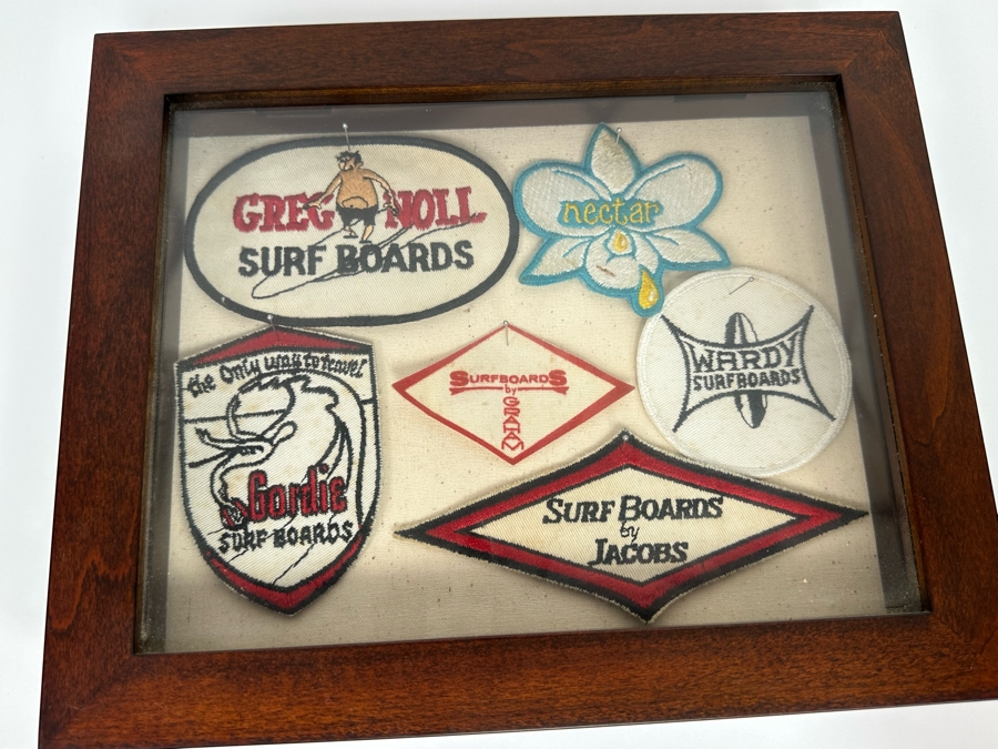 Collection Of Vintage Surf Patches: Greg Noll Surf Boards, Gordie Surf Boards, Surf Boards By Jacobs, Wardy Surfboards, Surfboards By Graham, Nectar In Pottery Barn Shadowbox Frame Plus Graphic Surf Book [Photo 17]