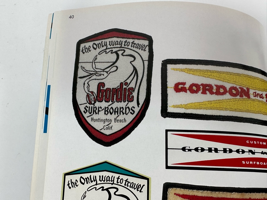 Collection Of Vintage Surf Patches: Greg Noll Surf Boards, Gordie Surf Boards, Surf Boards By Jacobs, Wardy Surfboards, Surfboards By Graham, Nectar In Pottery Barn Shadowbox Frame Plus Graphic Surf Book [Photo 15]