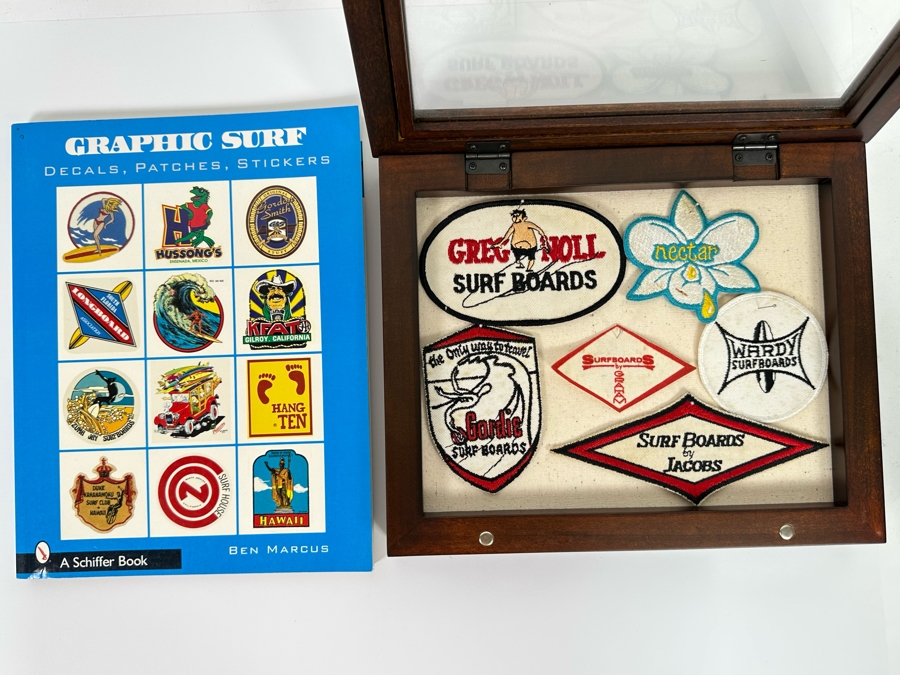 Collection Of Vintage Surf Patches: Greg Noll Surf Boards, Gordie Surf Boards, Surf Boards By Jacobs, Wardy Surfboards, Surfboards By Graham, Nectar In Pottery Barn Shadowbox Frame Plus Graphic Surf Book [Photo 5]