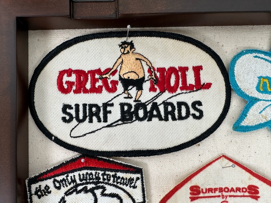 Collection Of Vintage Surf Patches: Greg Noll Surf Boards, Gordie Surf Boards, Surf Boards By Jacobs, Wardy Surfboards, Surfboards By Graham, Nectar In Pottery Barn Shadowbox Frame Plus Graphic Surf Book [Photo 7]