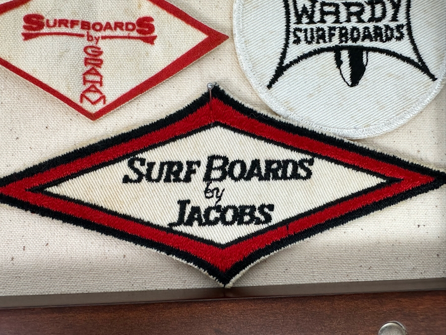 Collection Of Vintage Surf Patches: Greg Noll Surf Boards, Gordie Surf Boards, Surf Boards By Jacobs, Wardy Surfboards, Surfboards By Graham, Nectar In Pottery Barn Shadowbox Frame Plus Graphic Surf Book [Photo 10]